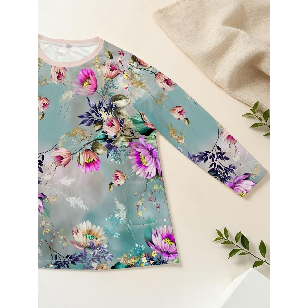 Women's plus size with pocket design spring new printed long-sleeved loose top