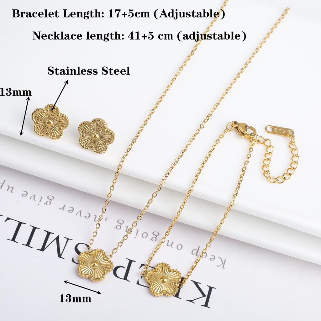 Metal Laser Five Leaf Flower Bracelet Necklace Earrings Zircon Set Classic For Woman Stainless Steel Zircon Daily Wear Clover