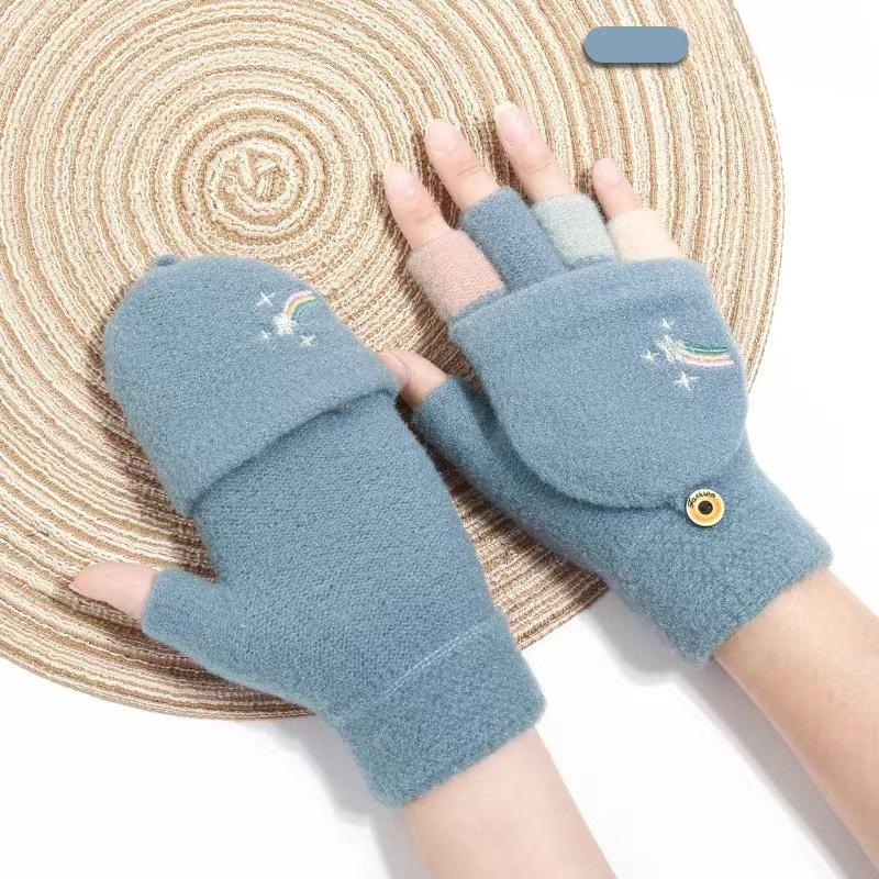 Winter Warme Halbfinger-Klapphandschuhe Gestrickt Kreative Studenten Niedlich Bestickt Regenbogen Schreiben Radfahren und Niedlichkeits-Handschuhe