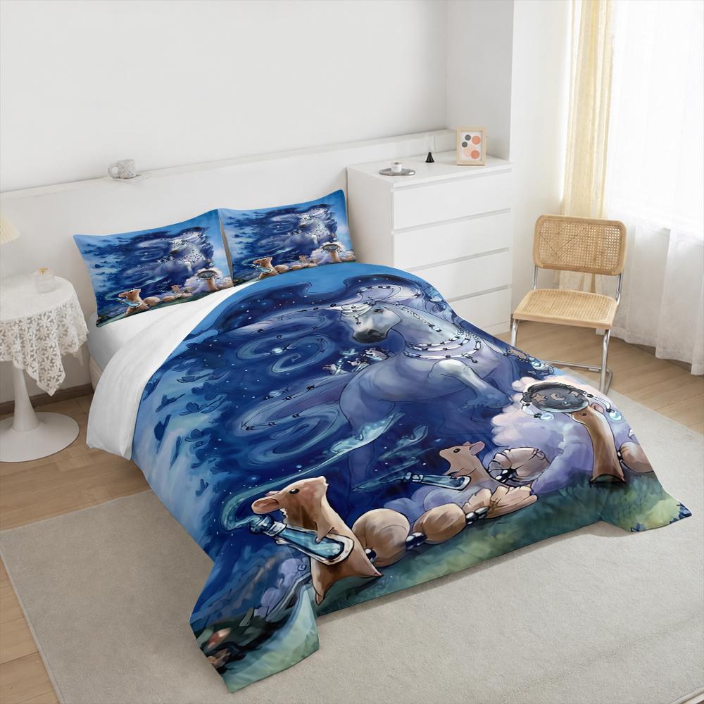 3 Piece Bedding Set Mystical White Horse Mice Butterflies Blue Fantasy Print Duvet Cover for Adult Room Decor