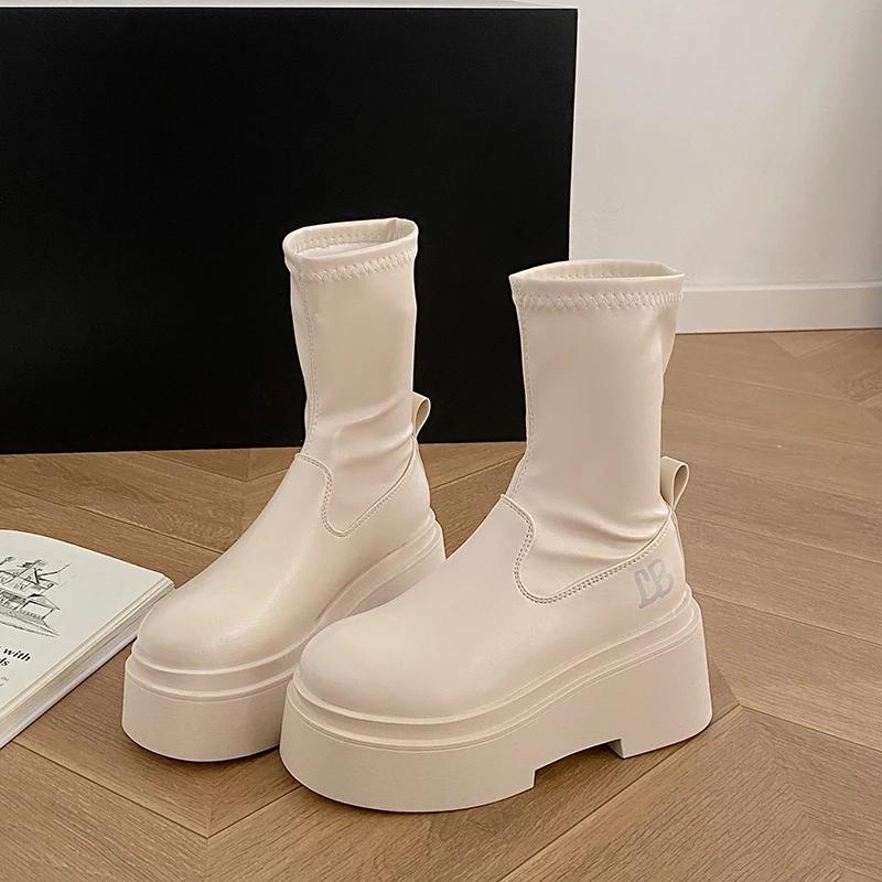 

Модные зимние женские ботфорты до колена, модные ботильоны на платформе и высоком каблуке, лаконичная обувь из мягкой кожи 39