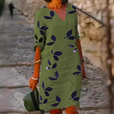 Europäisches und amerikanisches Retro-Pulloverkleid aus bedrucktem Baumwoll-Leinen - Eleganter mittellanger Rock