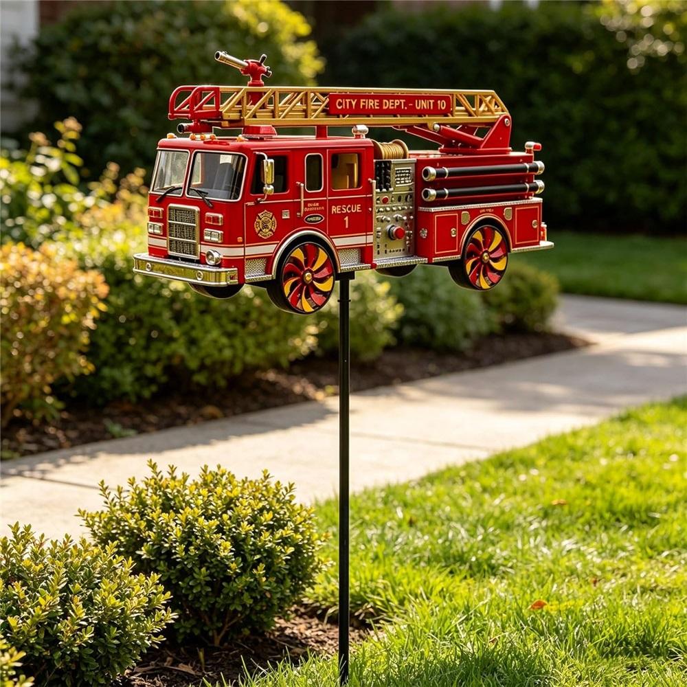 Fire truck garden windmill, outdoor garden decoration tractor windmill, red windmill gardening decoration