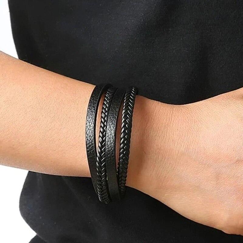 Trendige Lederarmbänder Herren Edelstahl Mehrschichtige Geflochtene Seilarmbänder Für Männliche Armbänder Zirkon