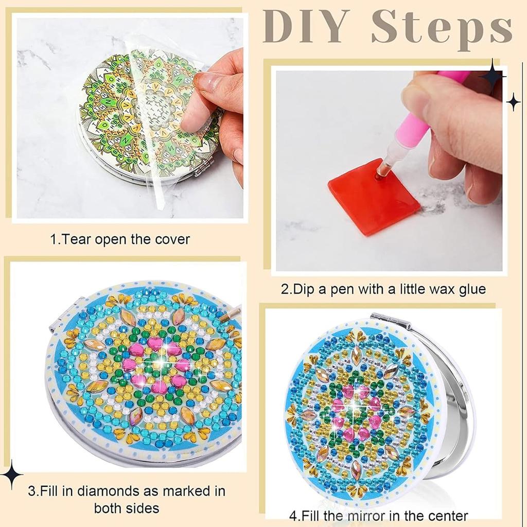 4PCS Diamond Painting Compact Mirror Women Girls, DIY Mandala Diamond Art Folding Travel Makeup Mirrors, Double-Sided Magnifying Cosmetic Mirror