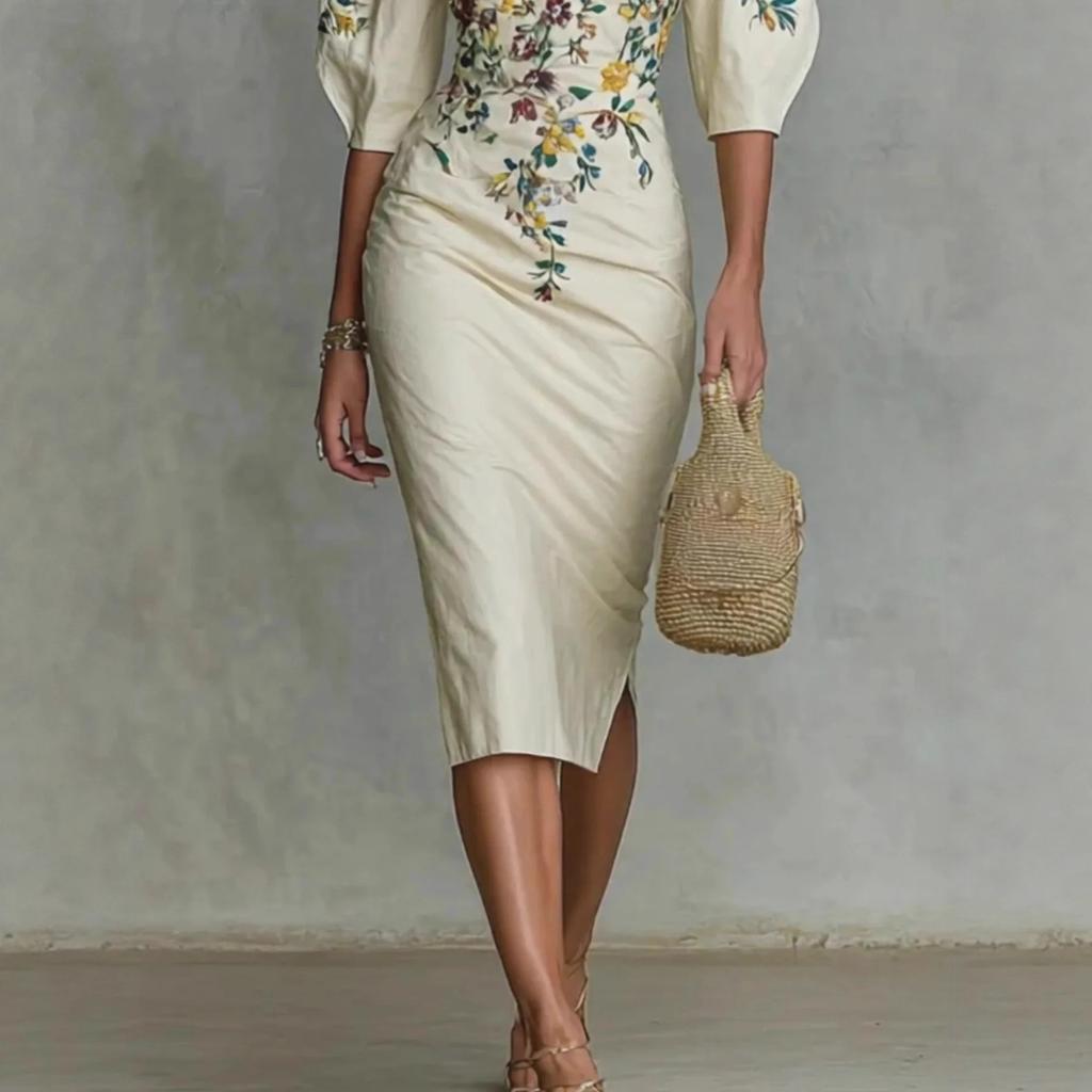 Women's Off Shoulder Puff Half Sleeve Floral Embroidery Ruched Side Split Slim Midi Bodycon Dress Elegant Wedding Guest Party Dress