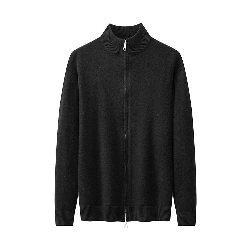 Men's Solid-color Double-zipper Cardigan Sweater Jacket, Unisex Stand-up Collar Knitted Sweater Top