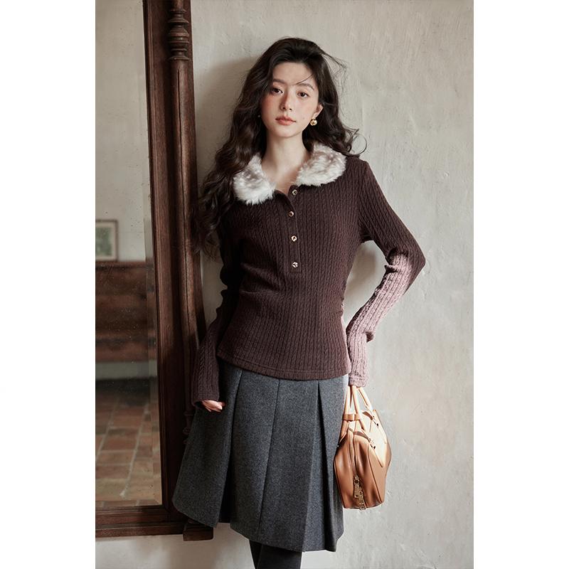 Yimeng 2026 Petite Coffee Slim Fit Plush Lapel T-Shirt for Women Medium