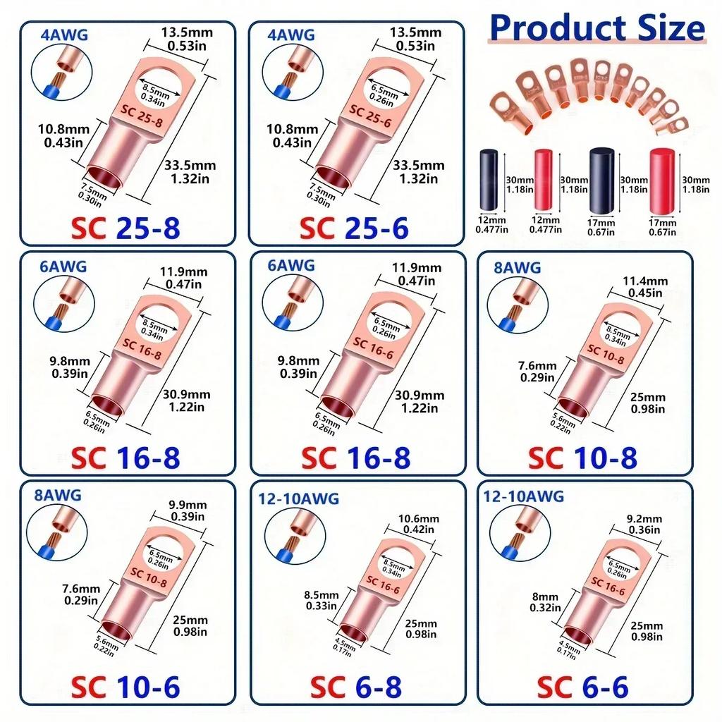 60pcs Wire Lug Connector Ring SC6-25 Copper Connectors Bare Cable Electric Crimp Terminal Connector Kit New