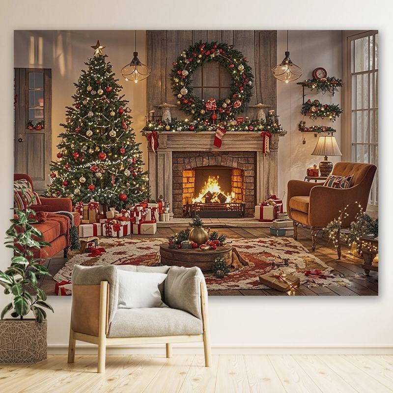 Christmas Fireplace Double Tree Wall Tapestry Mantel Wreath Stocking Gift Box Snow Flame Cozy Holiday Festive Decor Soft