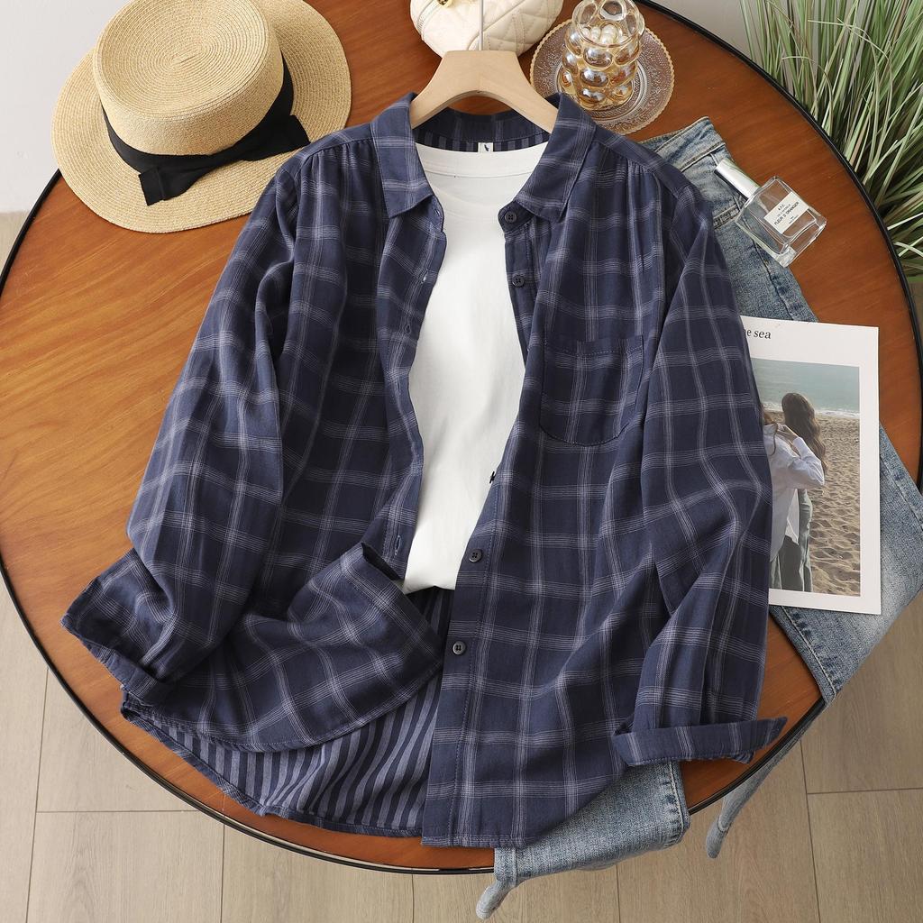Women's Fresh Plaid Long Sleeve Shirt - Lightweight Sun Protection, Double Layer Cotton Gauze, Spring/Summer 2026.