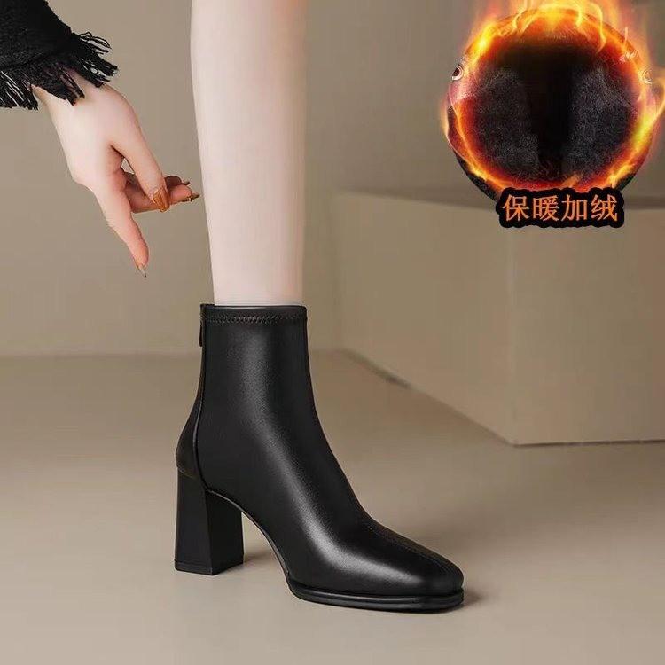 Fashion Fashionable  Skin Short Boots Women's Chunky High Heels Side Zipper All-Match Winter Boot Korean Style Flat Booties