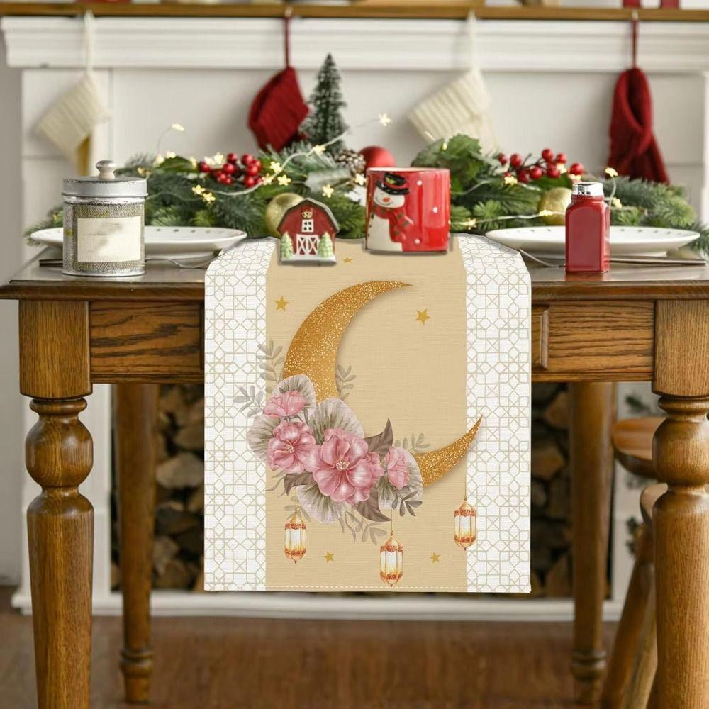 Vintage Ramadan Table Runner 2D Single Print Washable Eid Mubarak Table Runner Elegant Floral Floral Crescent Moon
