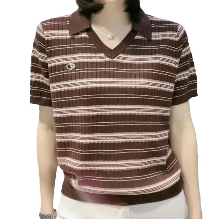 Short-sleeved T-shirt for Women's New Hot Summer Casual Versatile Tops for Mothers Age-reducing Fashionable Striped Polo Shirt
