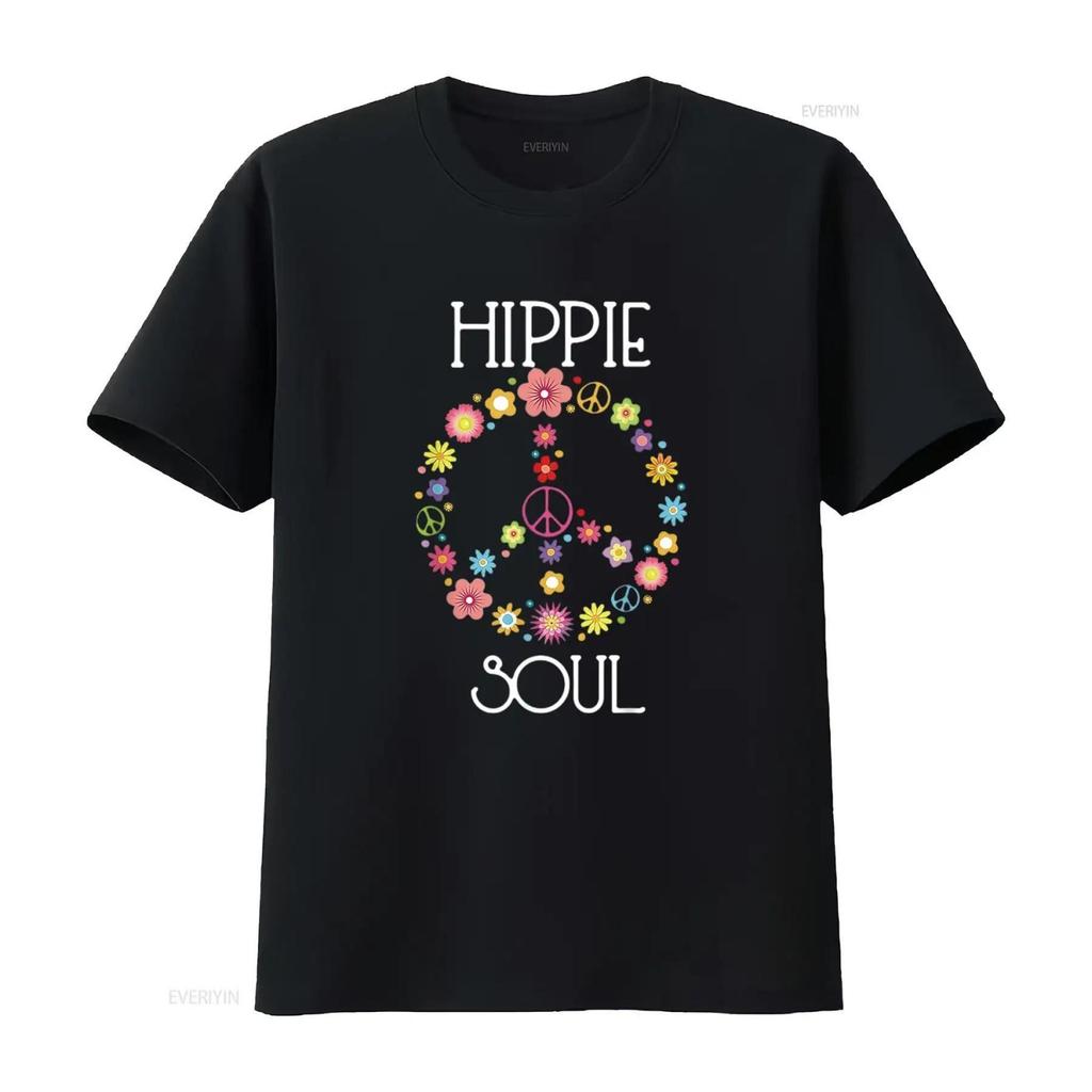 Mens Hippie Soul Flower Power Peace Sign Gypsy 60s 70s T Shirt Black Vintage Washed Streetwear Designer Clothes Breathable