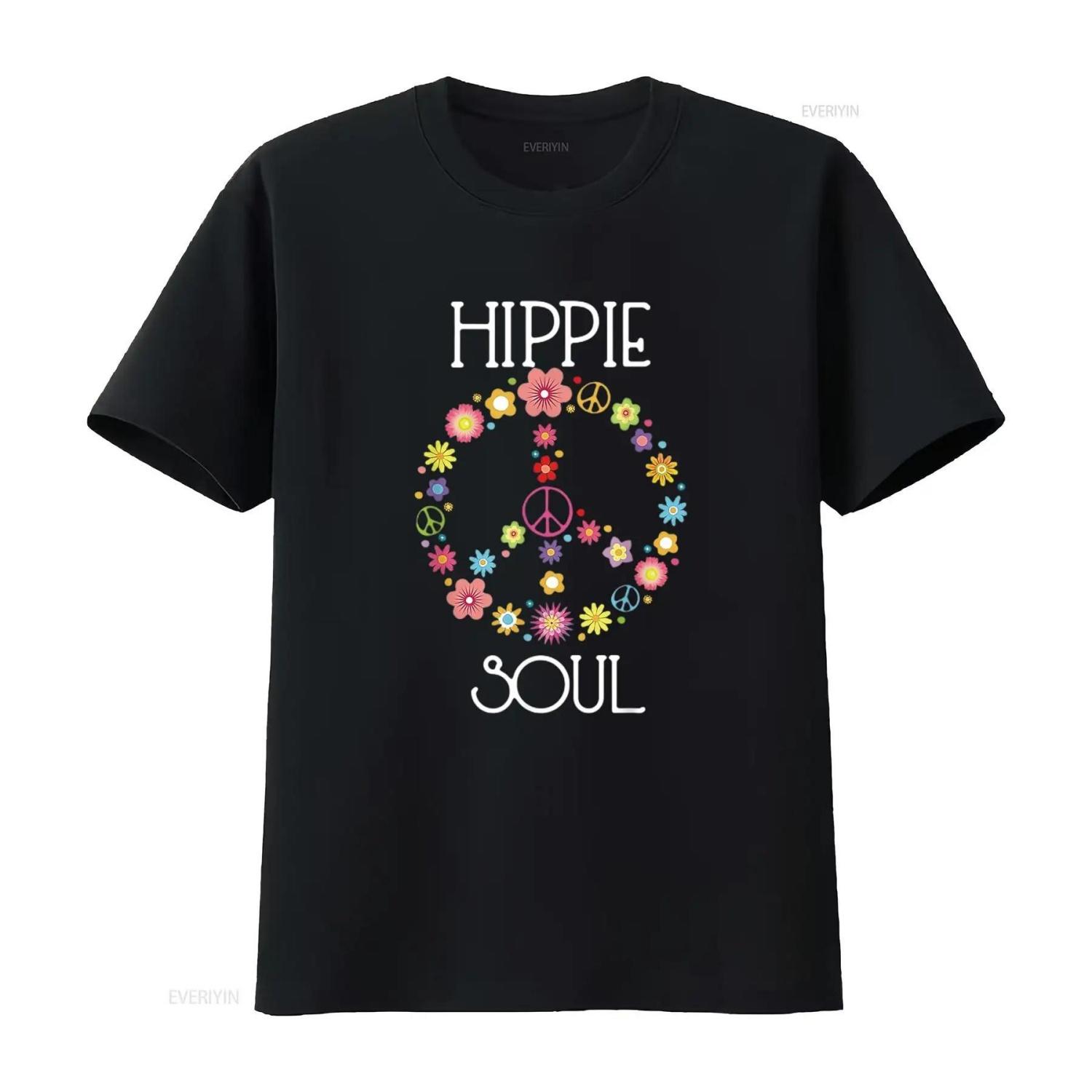 

Mens Hippie Soul Flower Power Peace Sign Gypsy 60s 70s T Shirt Black Vintage Washed Streetwear Designer Clothes Breathable S чёрный
