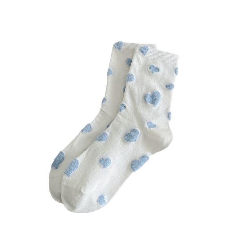Ladies' Mid-calf Socks for Spring and Summer Are Sweat-absorbing, Flocked, Heart-shaped Polka Dot Socks with A Cute Color Contrast and A School Style
