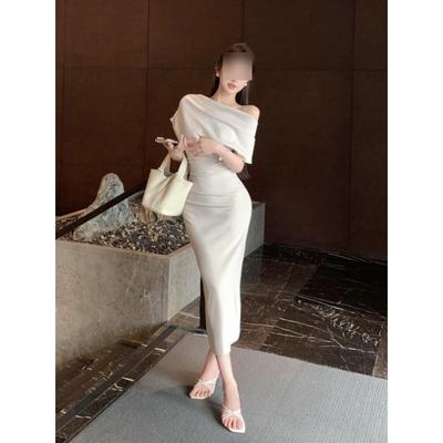 Swinging Collar Slanted Shoulder Open Shoulder Temperament Medium and Long Irregular Waist Temperament Hip-wrapped Pleated Dress Women's Clothing