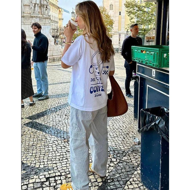 Coffee Time American Vintage Sports Style Coffee Illustration Print Ins Pure Cotton Short Sleeve T-shirt Women