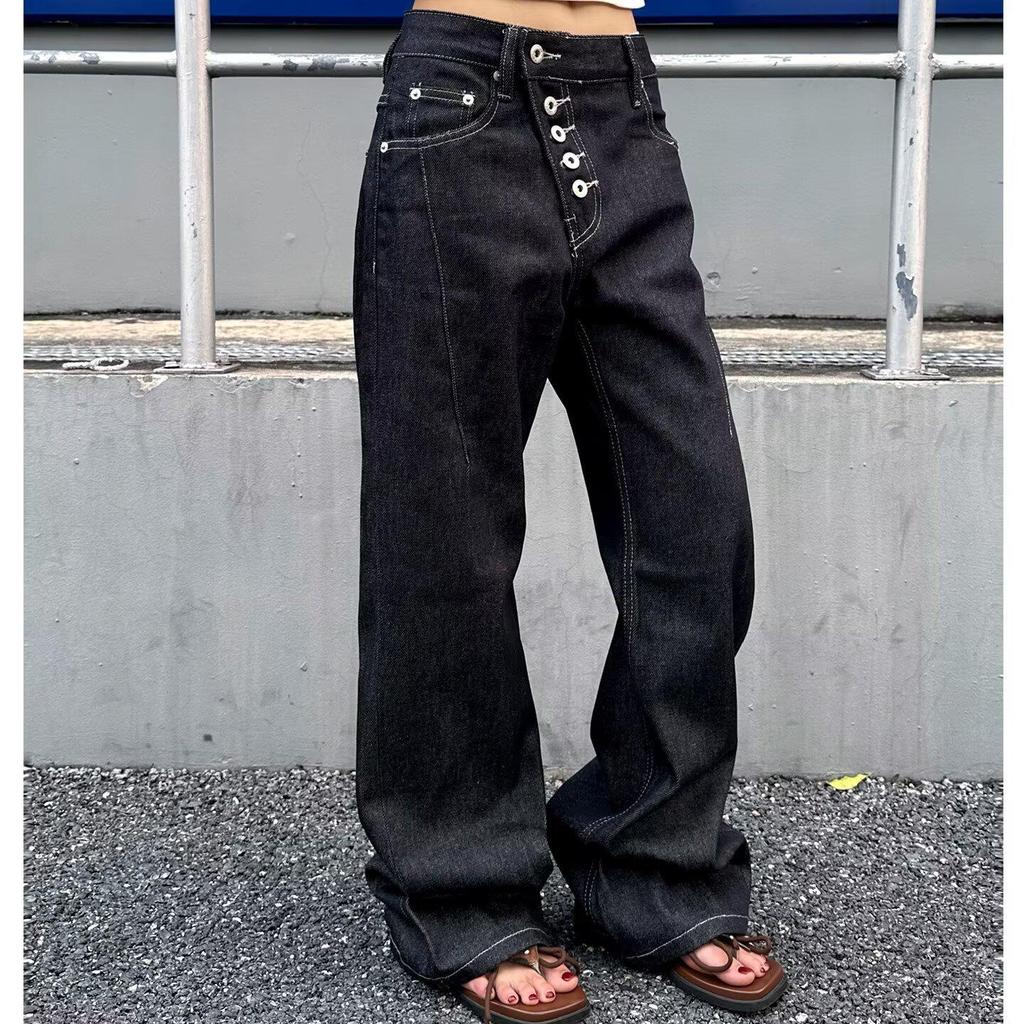 Retro American Street Style Airplane Buckle Scimitar Jeans