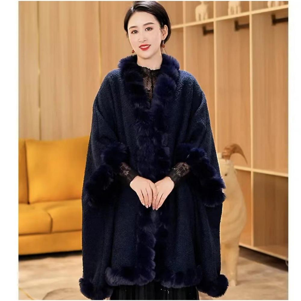 

Вовняна куртка, плюшевий і потовщений хутряний комір для утеплення, вільний плащ великого розміру, шаль, чохол 0018 One size Темно-синій