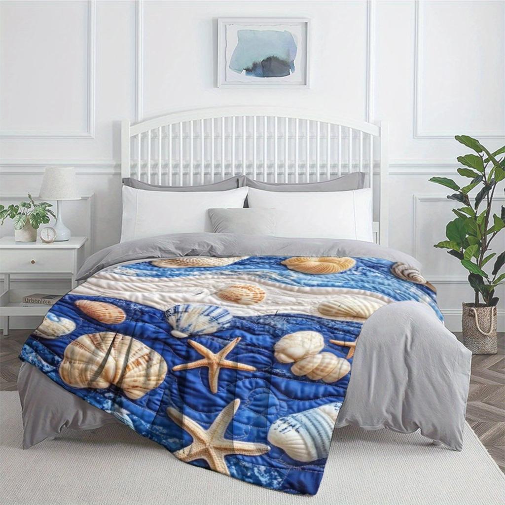 1 Stück Muschel Seestern Meereswellen gesteppte Flanelldecke Küsten Deko weiche Bettdecke Strand Thema Geschenk für Kinder Erwachsene