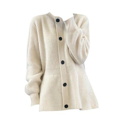 Stylish Round Neck One Tone Yuanbao Needle Waist Slimming Mid-length Jacket Relaxed Fit Everyday Full Wool Knitted Cardigan for Women