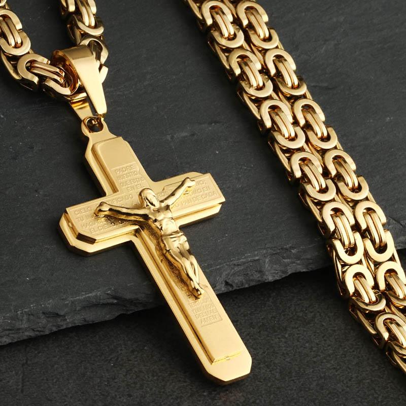 Bible Silver Color Jesus Cross Stainless Steel Pendants Necklaces Byzantine Long Chain Necklace for Men Jewelry Colar Collier