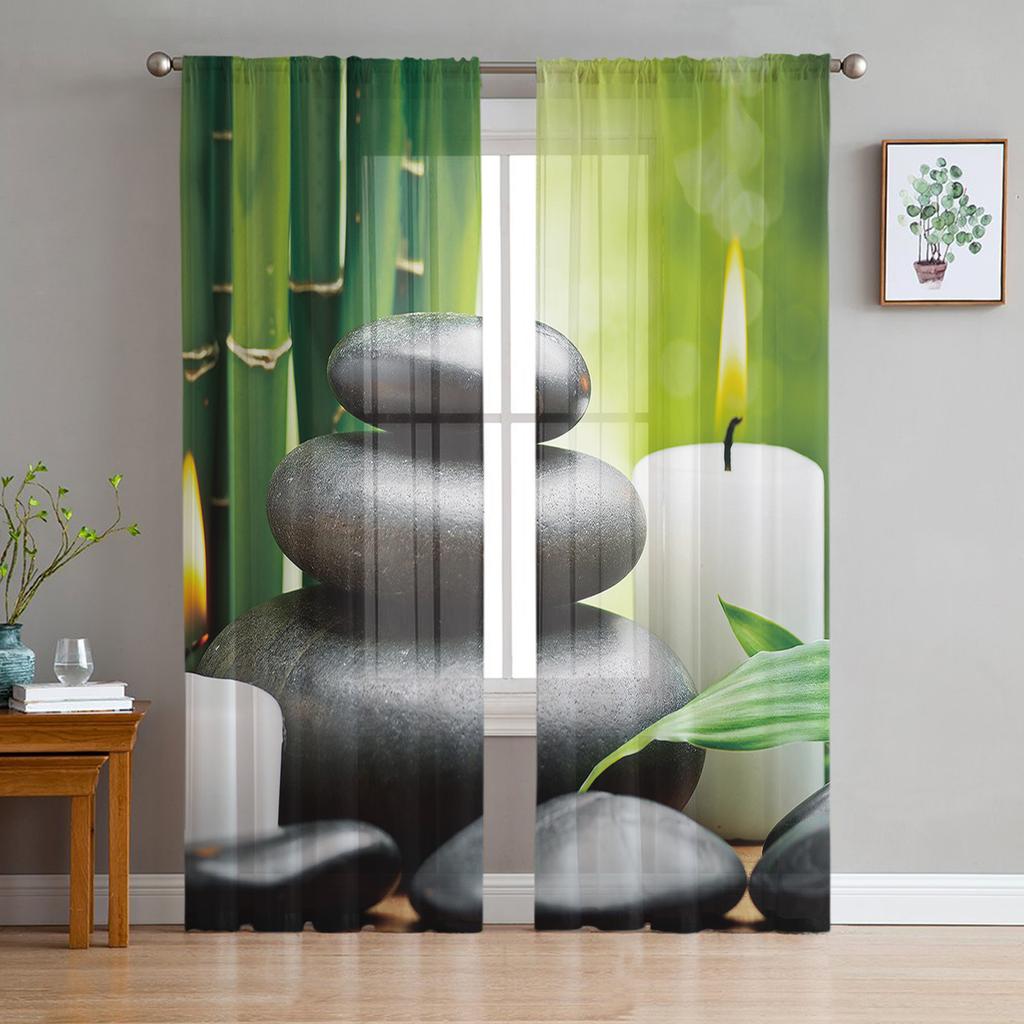 Zen Stones Orchids Flower Green Bamboo Tulle Curtains for Living Room Bedroom Decor Transparent Sheer Voile Window Curtain
