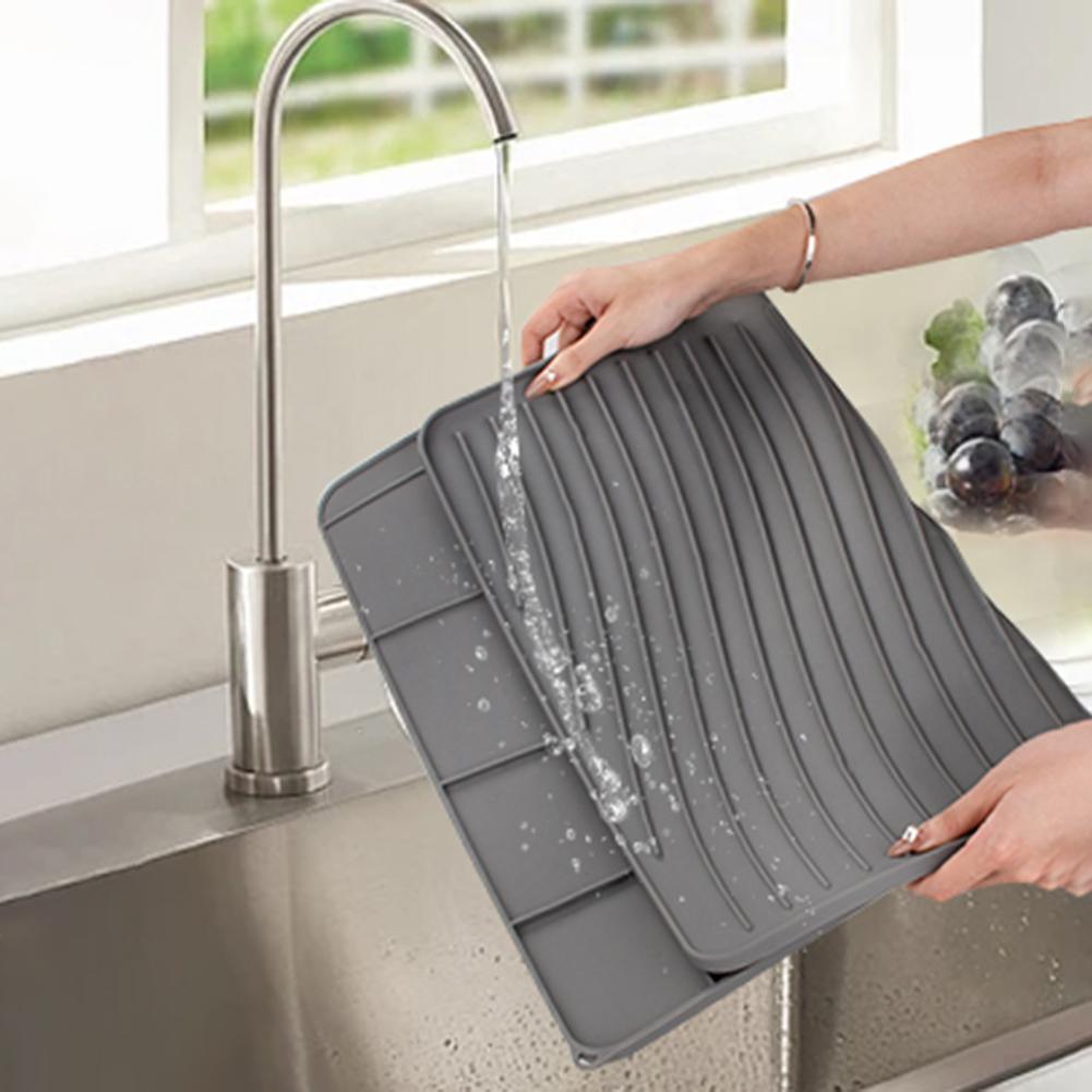 Silicone Dish Drying Mat Non-Slip Drying Mat Heat Resistant Diversion Opening Slope Drainage Pad Kitchen Pans Tableware Coaster