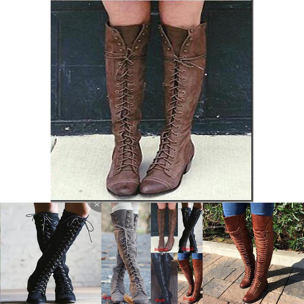 Elegant Womens Over The Knee Lace Up Bandage Thigh High Combat Low Heel Boots Flat Shoes For All-day Comfort