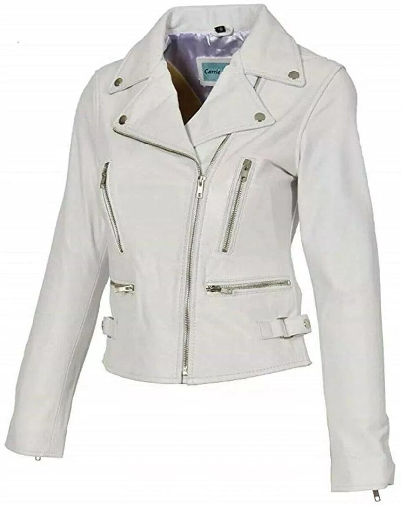 New Women Jacket White Leather Lambskin Handmade Casual Biker Stylish Wear Soft Fit