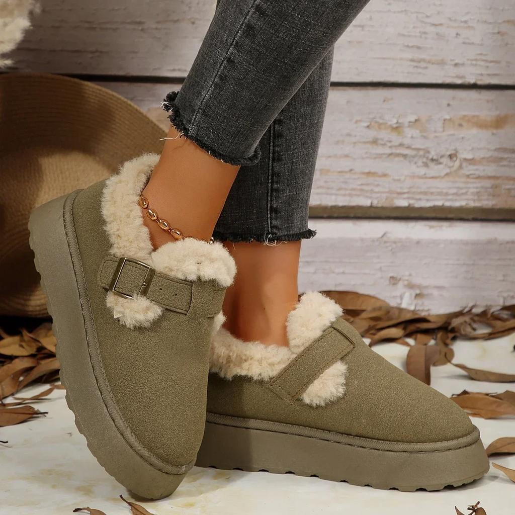 Neue Damen Schuhe Slipper Damen Stiefel Winter Runde Zehenpartie Einfarbig Wildleder Plüsch Warm Mittelhoch Absatz Schneestiefel Schwarz Botas Mujer