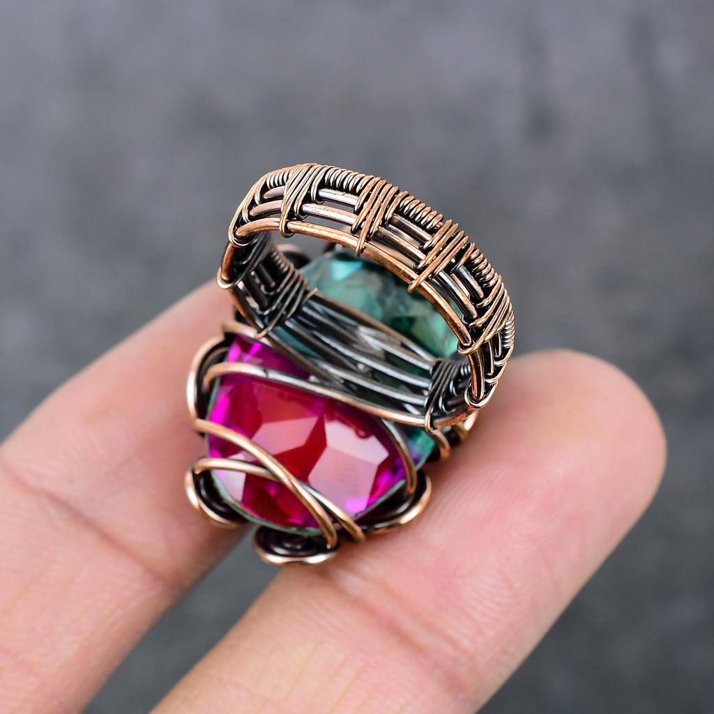 Bi-Color Tourmaline Handmade Copper Wire Wrap Jewelry Ring Size 8.5 F9Z04