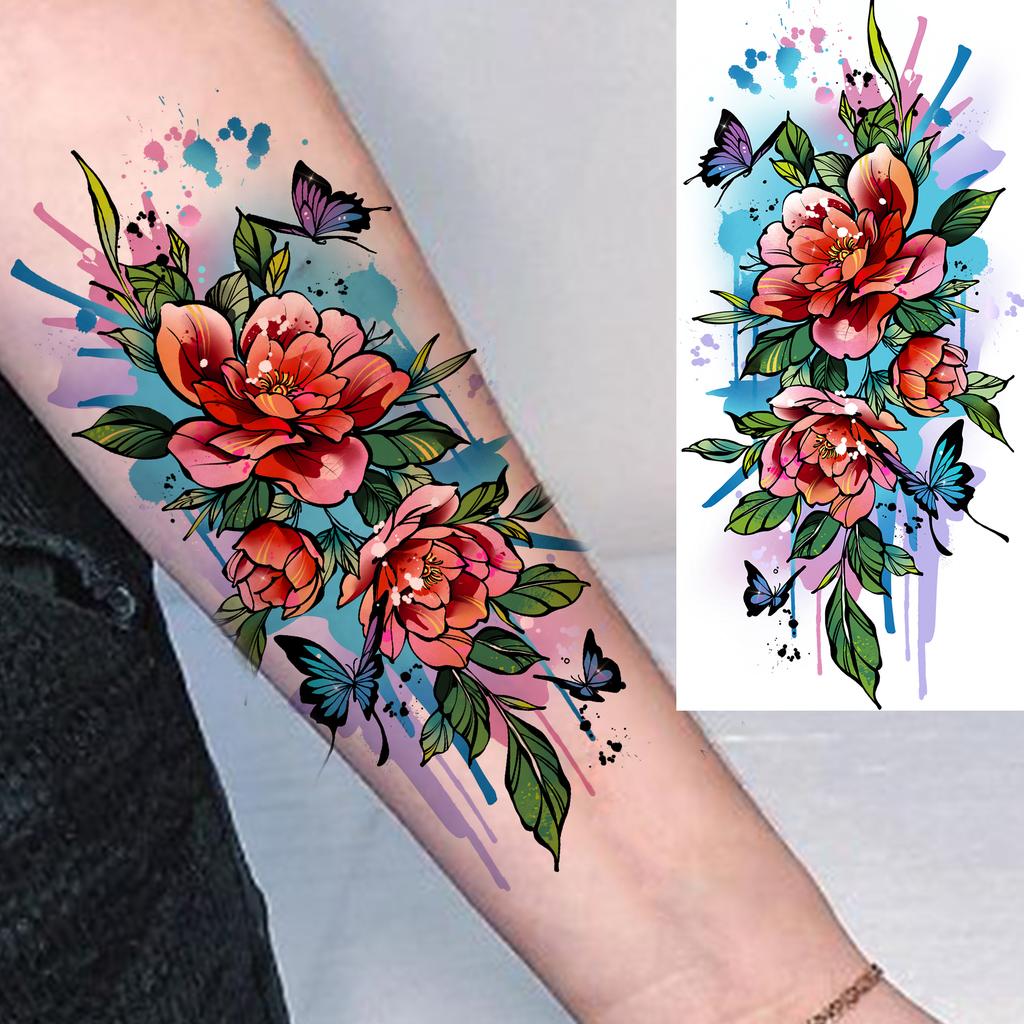 1 Sheet Butterfly Watercolor Flower Tiger Temporary Tattoos For Women Men Adults Fake Phoenix Parrot Lotus Tattoo Sticker Sleeve