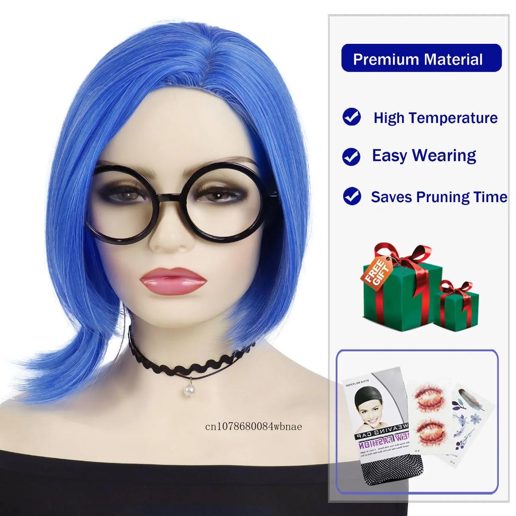 Synthetic Hair Short Straight Blue Bob Cosplay Wigs for Women Anime Cartoon Costume Wig with Glasses Set Halloween Party Use