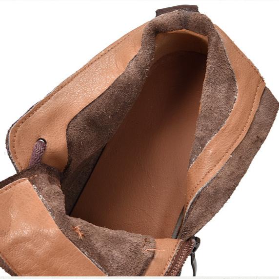 Johnature Genuine Leather Pleated Short Boots Round Toe Soft Sole Lace Up Versatile Women's Shoes