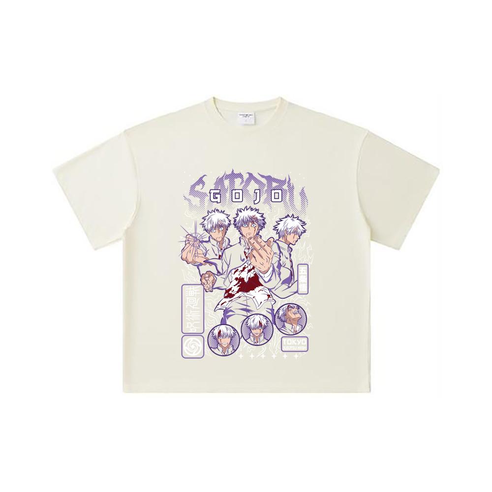 260 GSM Doppelgarn 32er Zählung 100% Baumwolle Jujutsu Kaisen V24 Gojo Aufdruck Unisex Schweres Baumwoll-T-Shirt