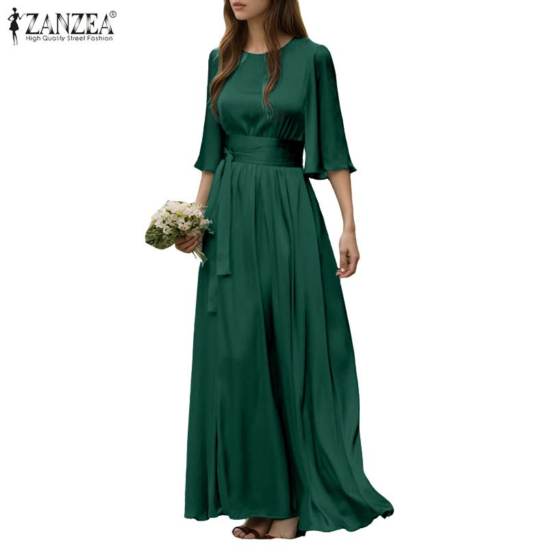 ZANZEA Women Casual Round Neck Loose 3/4 Sleeve Solid Long Dress