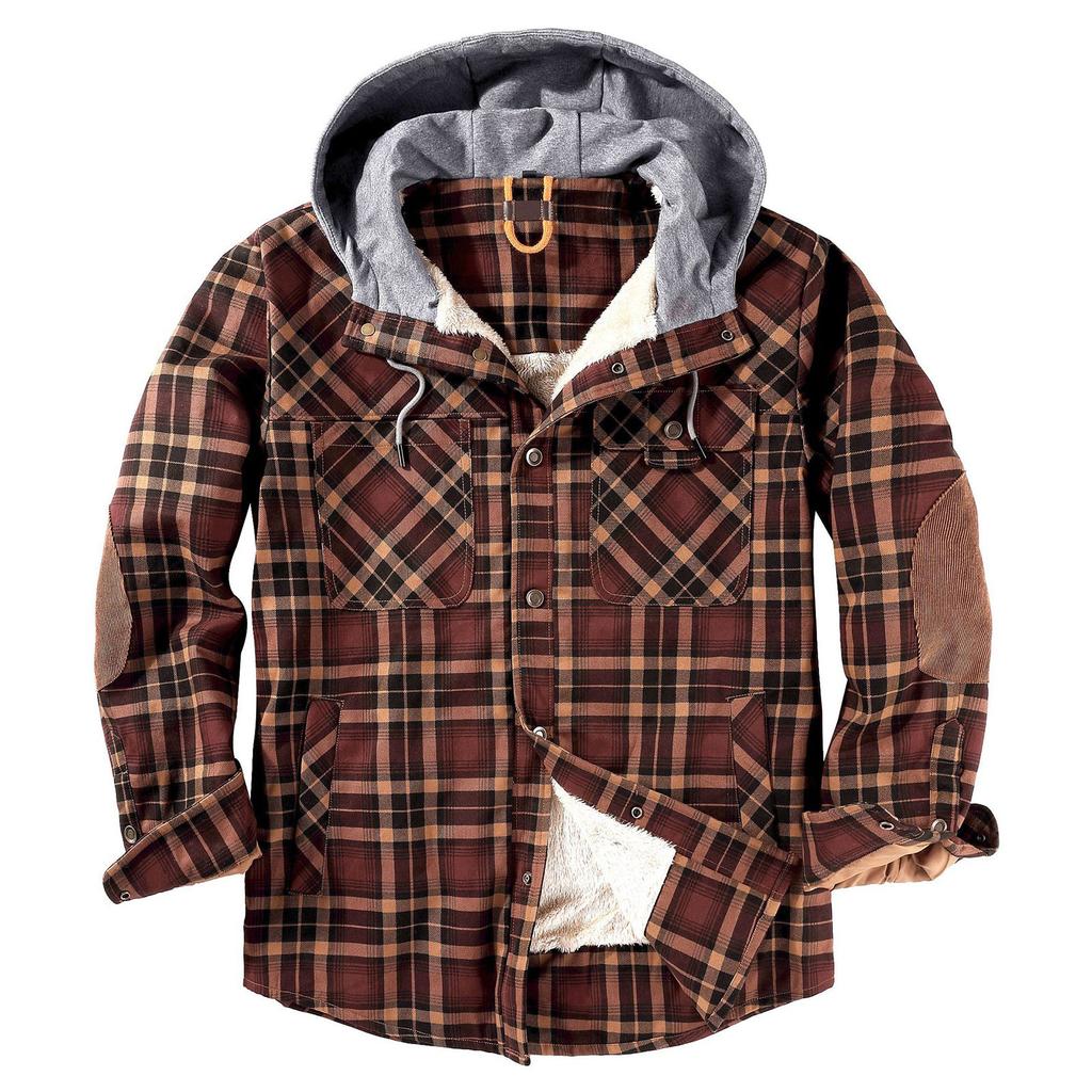 Men's Quilted Lined Button Down Plaid Shirt Add Velvet To Keep Warm Jacket With Hood