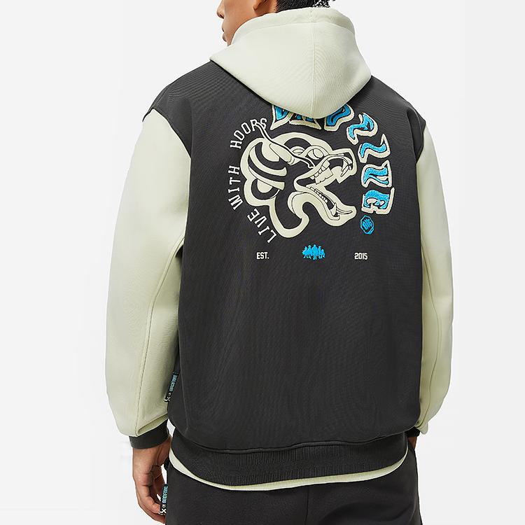 Li Ning Basketball Series Letter Print Fleece Baseball Collar Jacket Men jackets Dark-Gray AJDU007-5