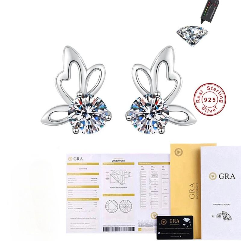 D Color Moissanite 925 Sterling Silver Butterfly Stud Earrings for Women Wedding Anniversary Zircon Party Fine Jewelry Gift