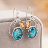 Hand Curved Open Frame Oval Copper Turquoise Marquise Yellow Gem Drop Earrings Silver Tone Artisan Craft Bohemian Ladies Accessories