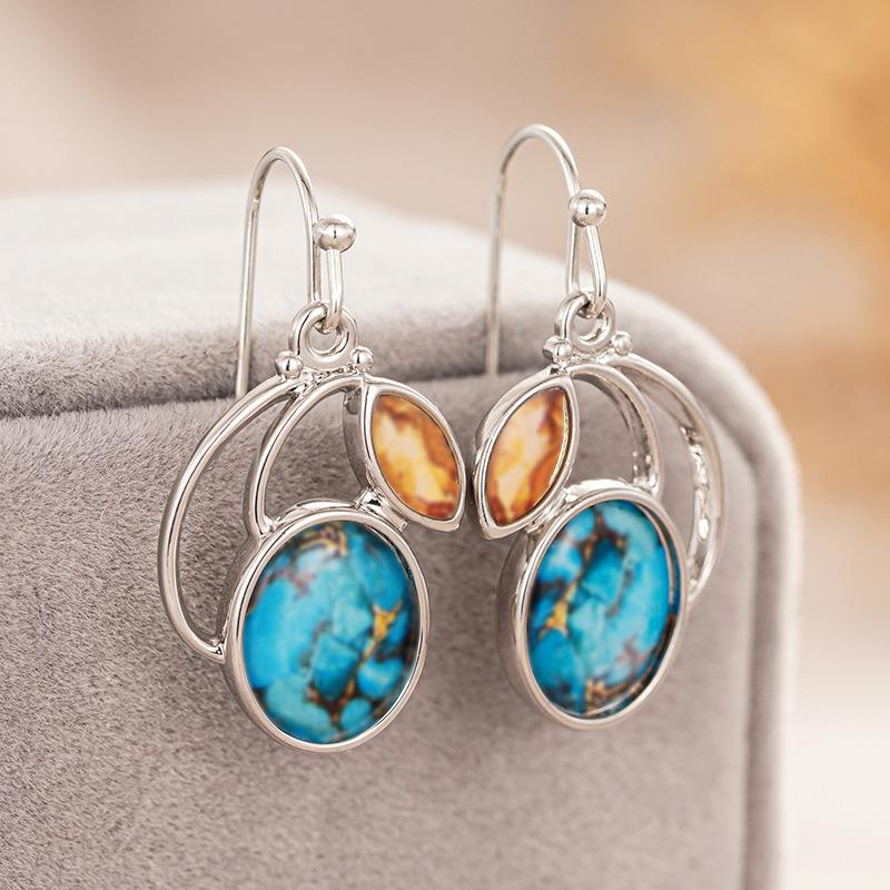 Hand Curved Open Frame Oval Copper Turquoise Marquise Yellow Gem Drop Earrings Silver Tone Artisan Craft Bohemian Ladies Accessories