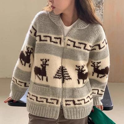 Autumn and Winter Loose Christmas Knitted Cardigan Sweater Women Long Sleeve Retro Print Cardigans Jacket Women Elegant Zipper Fashion Knit Coat 25510