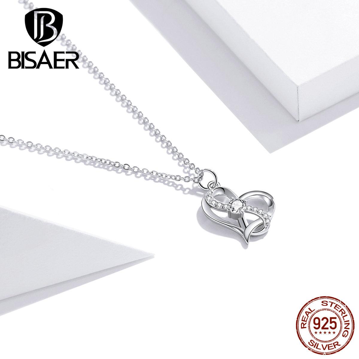 

BISAER стерлингового серебра 925 пробы сердце к сердцу кулон ожерелья для женщин регулируемые 17,7 дюймов цепочки ожерелья серебряный