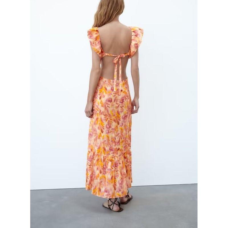 Spring New French Style Evening Dress Backless Design Laminated Decoration Print Midi Dress 2731245