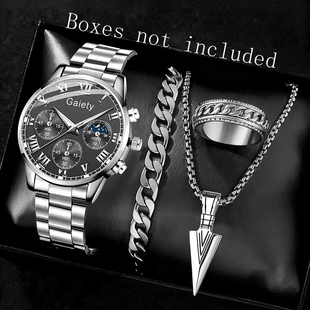 4PCS Men's Watch Set Fashion Trend Classic Roman Digital Scale Quartz Watch Jewelry Set Suitable for Daily Clothing Matching