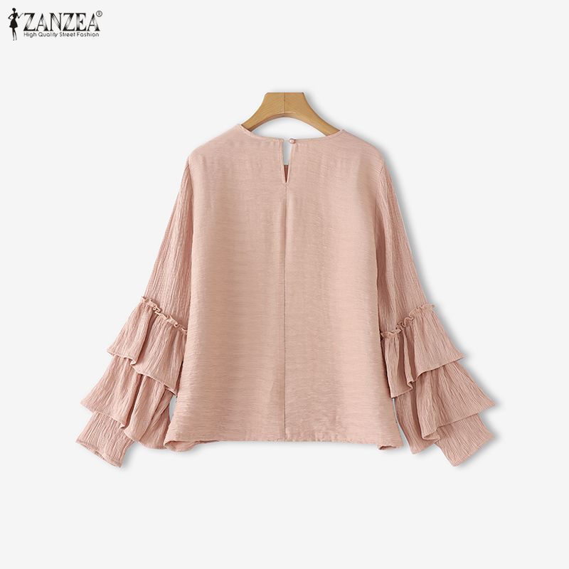 ZANZEA Women Casual Round Neck Ruffles Long Sleeve Loose Blouse