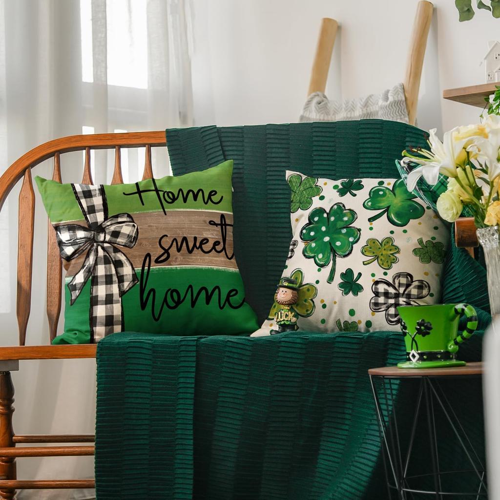 AVOIN colorlife ST Patricks Day Home Sweet Home Clover Throw Pillow Covers, 18 x 18 Inch Love Lives Here Buffalo Plaid Bow Tie Shamrock Decoration